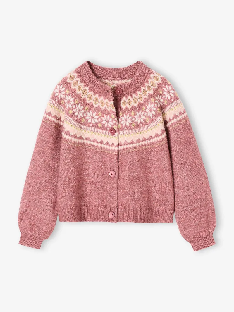 Vertbaudet Mädchen Cardigan mit Norwegermuster 42% Recycling-Polyester GRS-zertifiziert, Malve, – Produktbild 1 von 3