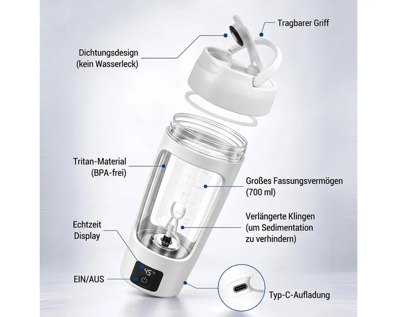 Vashoy Elektrischer Shaker 700 ML Shaker mit Pulverfach, BPA-frei, USB-C, LED-Temperaturanzeige, 7,4 W, Eiweiß Shaker Elektrisch für Potein Pulver und Milchshake, Led weiß, – Produktbild 3 von 5