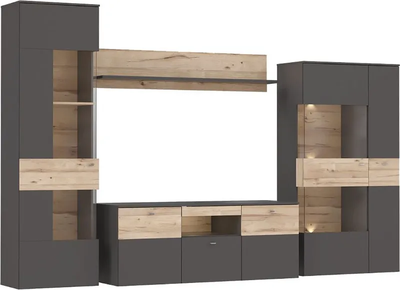 FORTE Wohnwand Como, (4-St., 2x Vitrinen, 1x Lowboard, 1x Wandregal), Korpus und Front matt, Grau, – Produktbild 3 von 5