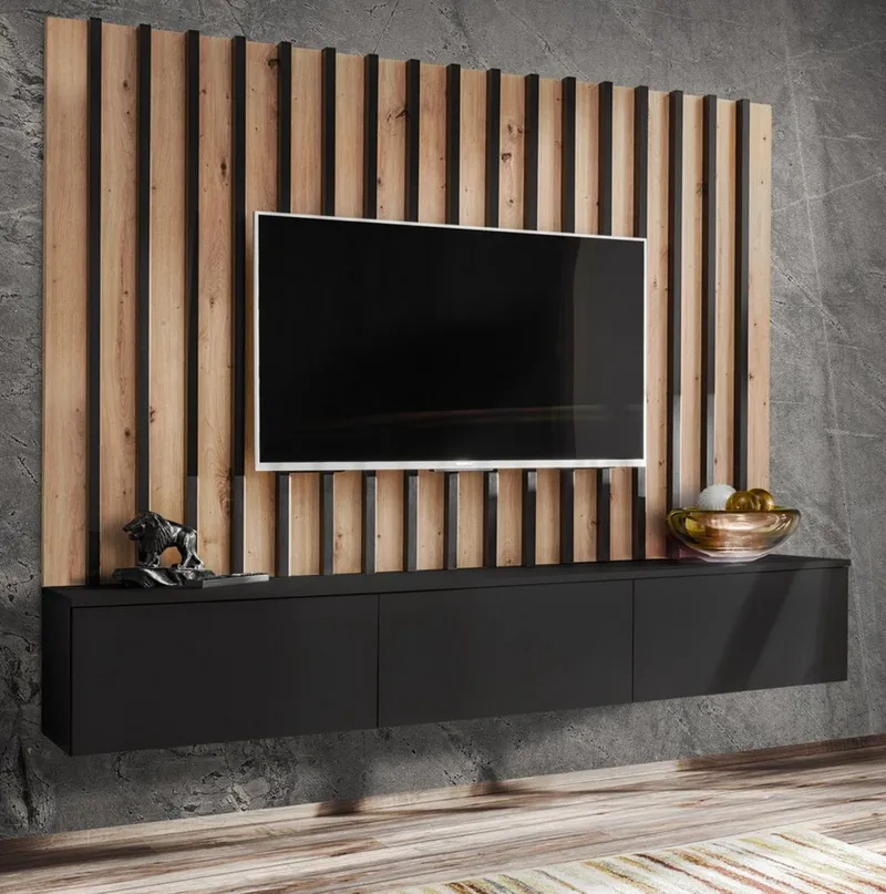 Furn.Design Lowboard Pearl (TV Mediawand in schwarz mit Eiche, Set inkl. Wandpaneel), Push-To-Open-Funktion, Schwarz, – Produktbild 5 von 5