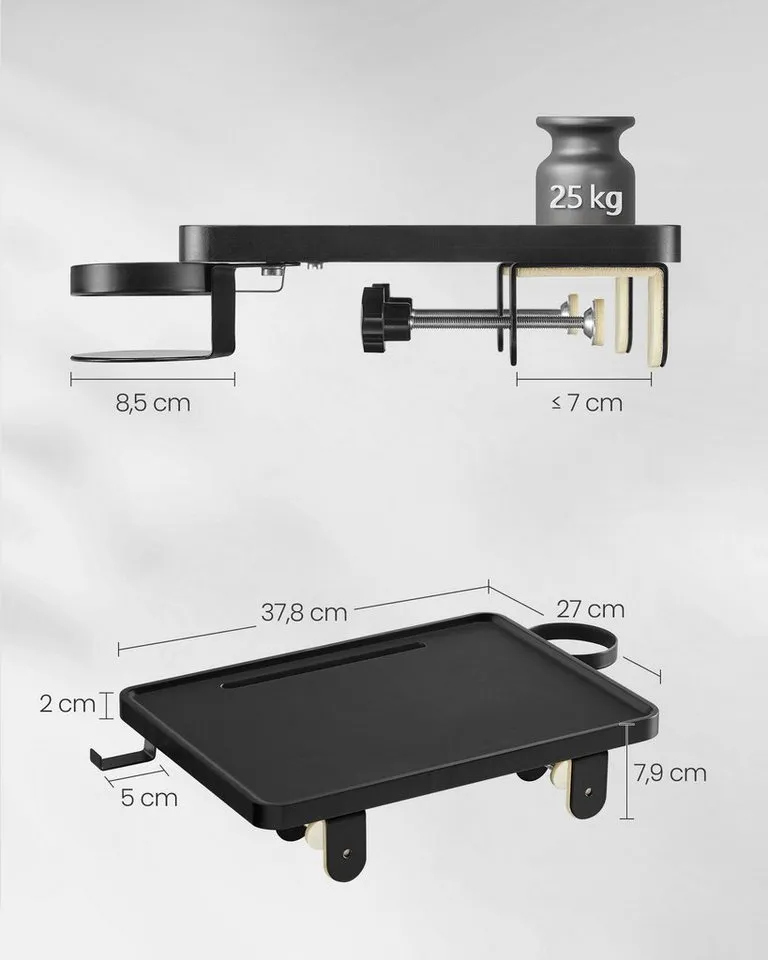 VASAGLE Nachttisch Bettablage, Nachttisch zum Einhängen, Regal für Hochbett, Schlitz für Handy, Getränkehalter Haken drehbar, verstellbare Klemmen, Schwarz, – Produktbild 5 von 5