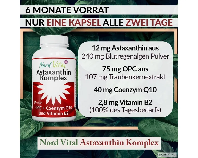 Nord Vital Astaxanthin 12mg Complex with Q10 & OPC. Vegan. Kapseln, 44 g – Produktbild 3 von 5