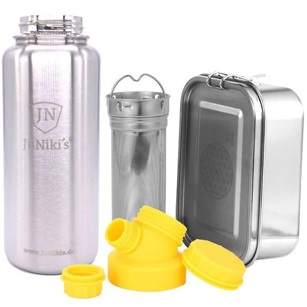 JN JuNiki's JN JuNiki's Set "Blume des Lebens": Lunchbox + 1 Liter Edelstahltrinkflasche + Teefilter, Gelb, – Produktbild 1 von 4