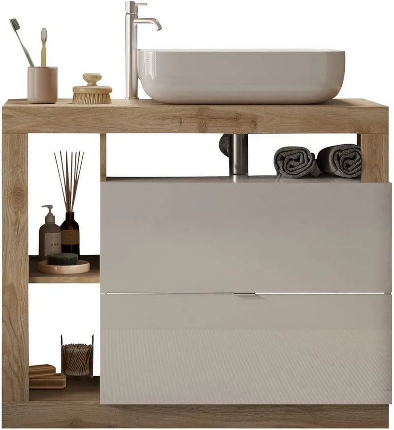 welltime Waschtisch Hamburg, 2 Schubkästen, Breite 92 cm, Soft-Close, inkl. Keramik-Aufsatzbecken, Weiß, – Produktbild 2 von 8