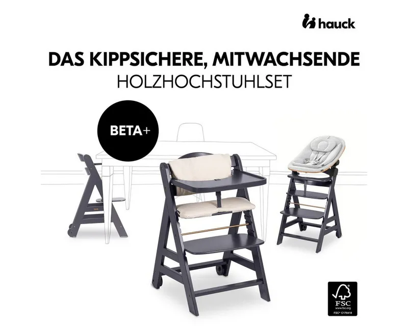 Hauck Hauck Hochstuhl Beta Plus Dark Grey Newbornset Eco - Light Grey (Set), Holz Babystuhl ab Geburt mit Neugeborenensufsatz, Sitzkissen, Essbrett, Grau, – Produktbild 3 von 5
