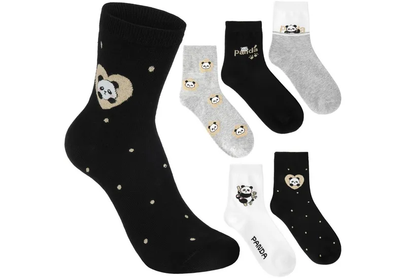 BRUBAKER Socken Lustiges Damensocken Set mit süßen Bären - Cute Panda (Schwarz, Grau, Weiß und Glitzer, 5-Paar, Bärensocken Geschenkset für Frauen) Weich und Kuschelig, Bunt, – Produktbild 1 von 5