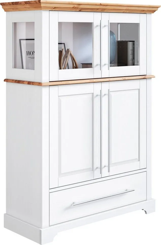 OTTO home Highboard Melissa Vitrine Breite/Höhe/Tiefe 94/39/133 cm, Breite 94 cm, 4-türig, mit Schublade, Kiefer massiv, FSC®, Weiß, – Produktbild 2 von 5