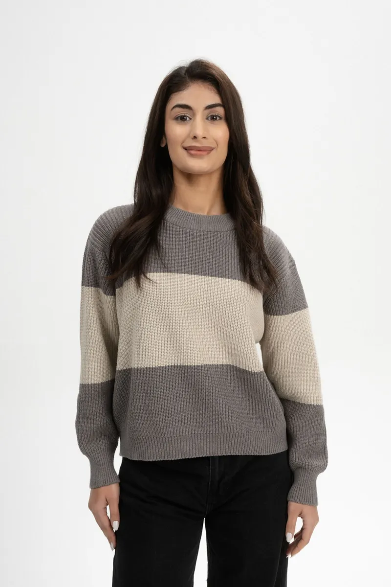 MELA MELA Damen vegan Strickpullover Rib Adah Stripes Bear Melange/Pebble Melange, Beige, – Produktbild 2 von 2