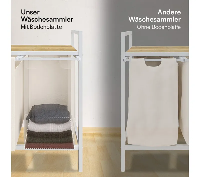 STEELSØN Wäschekorb Rigil aus Metall (3 Fächer (120 L) mit 2 Bambus-Ablagen, weiß), auch verfügbar mit 2 oder 4 Fächern, ausziehbar & abnehmbar, Weiß, – Produktbild 5 von 5