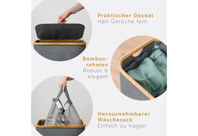 Blumtal Wäschekorb 1,2 oder 3 Fächer mit herausnehmbaren Wäschesäcken 100, 140 oder 150L, in drei Größen erhältlich, Grau, – Produktbild 3 von 5