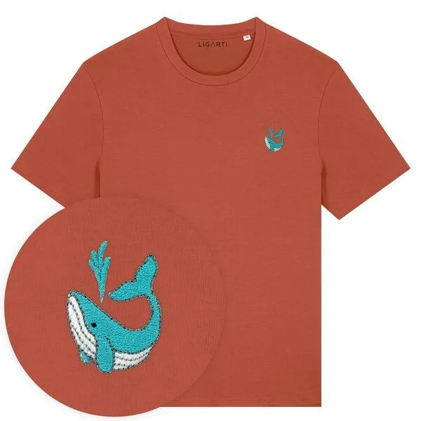 LIGARTI Besticktes T-Shirt – Walter der Wal – LIGARTI Tiermanufaktur, Terracotta, – Produktbild 1 von 3