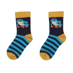 Walkiddy Baby Socken GOTS-zertifiziert aus Bio-Baumwolle, blau gestreift mit Tiermotiven (Frösche & Löwen) – Walkiddy, weich & elastisch – Produktbild 1 von 1