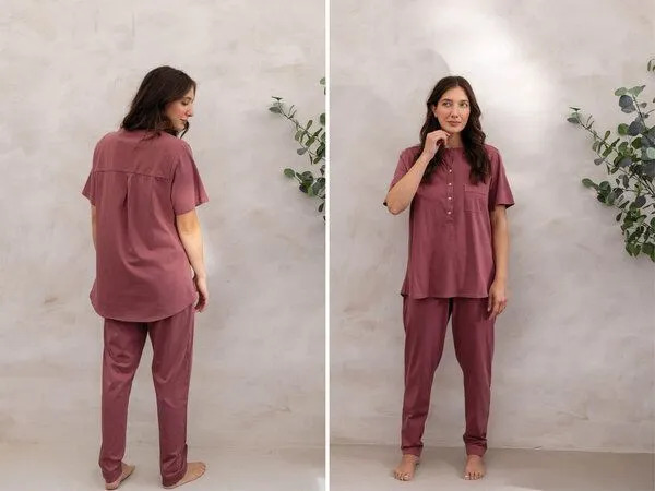 Yumeko Pyjamahose Damen "Yumeko" aus Baumwoll-Jersey, Evening rose, – Produktbild 1 von 3