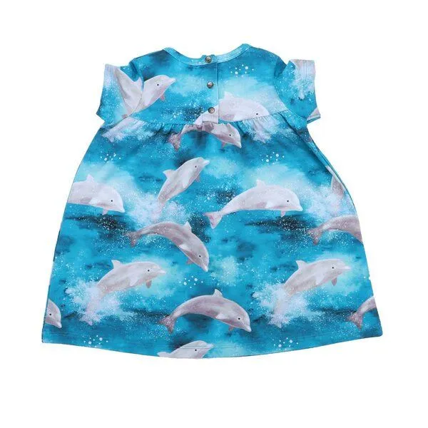 Walkiddy Kinderkleid GOTS zertifiziert, blau, Delfin-Allover „Happy Dolphins“, Kurzarm, weich – Walkiddy – Produktbild 2 von 2