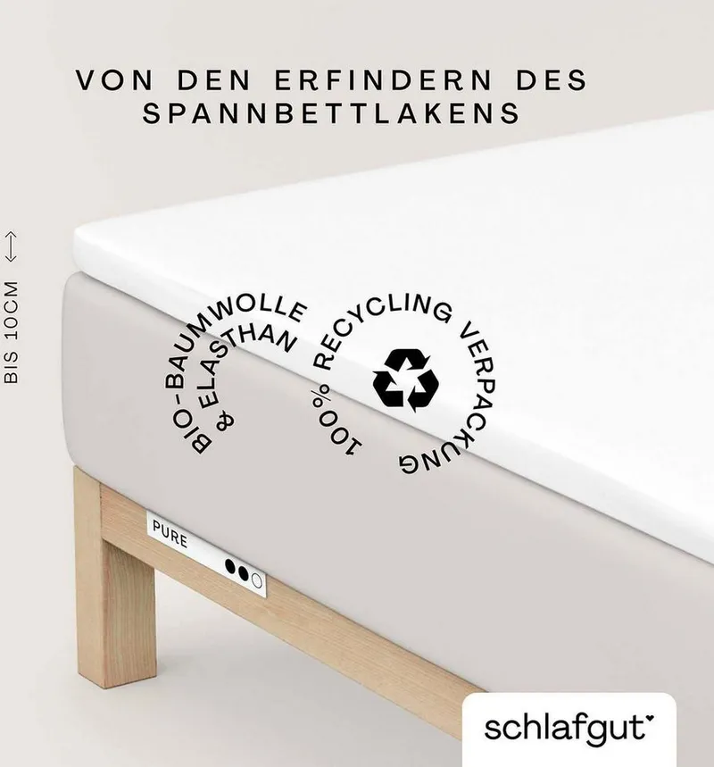 Schlafgut Schlafgut Spannbettlaken PURE TOPPER Bio-Baumwolle mit Elasthan 170 g/m² für Topper bis 10 cm, Jersey-Elasthan, Gummizug: rundum, (1 Stück), PREMIUM Laken für Matratzen bis 10 cm Höhe, dehnbar, blickdicht, Weiß, – Produktbild 2 von 5