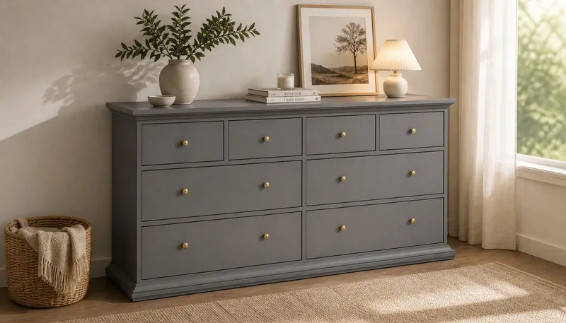 Home affaire Kommode Paris, Aufbewahrung, Schubladenschrank, Stauraum, mit 8 Schubladen, Landhausstil, Elegant, geräumig, Breite 184 cm, Höhe 87 cm, Grau, – Produktbild 2 von 5