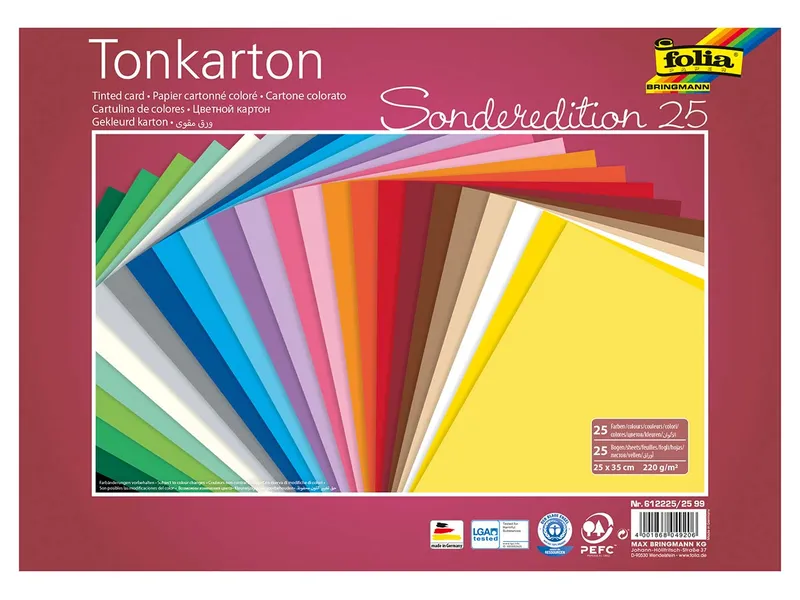 folia folia Tonpapier, 220 g/m², sortierte Farben, 25 x 35 cm, 25 Bogen – Produktbild 1 von 1