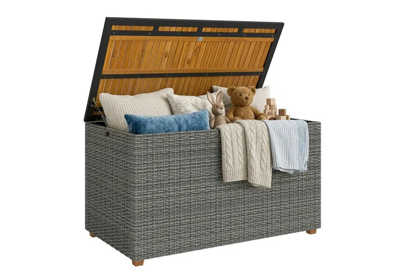 Outsunny Outsunny Gartenbox Polyrattan wasserdicht FSC-Akazienholz-Deckel Kissenbox (Auflagenbox, 1 St., Aufbewahrungsbox), für Garten Balkon Pool Dunkelgrau, Grau, – Produktbild 2 von 5