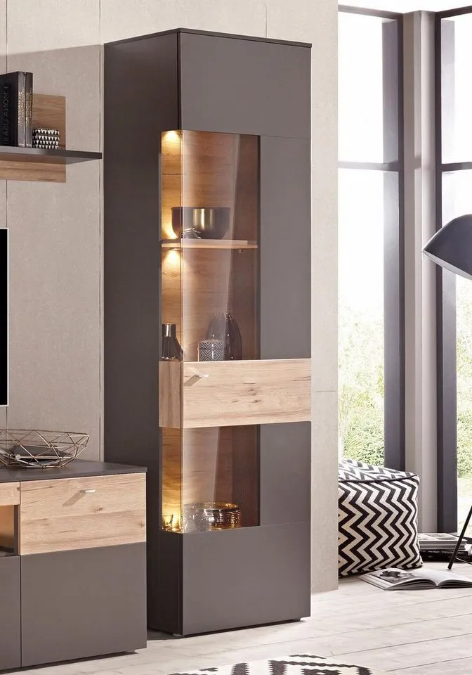 FORTE Vitrine Como Vitrine, Glastüre, LED Beleuchtung, Soft Close Linksanschlag, Grau, – Produktbild 1 von 8