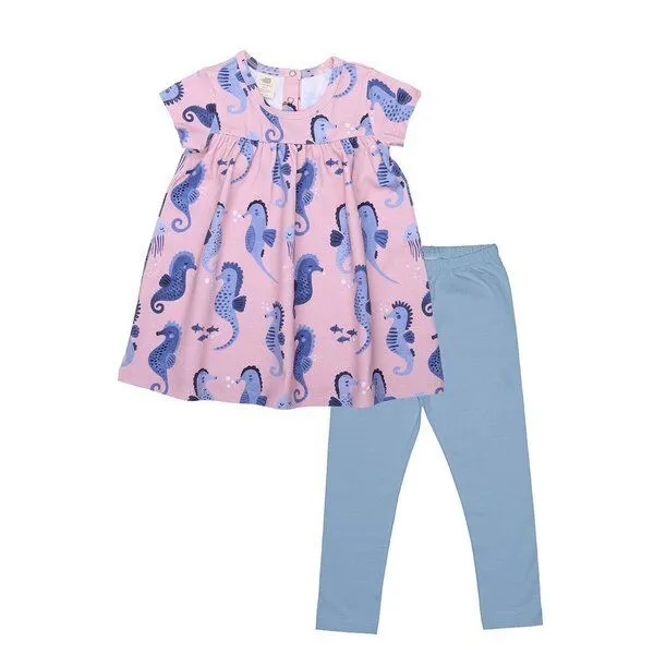 Walkiddy Kinderkleid-Set GOTS zertifiziert Bio-Baumwolle Rosa Seepferdchen-Print Kurzarm inkl. Leggings Blau – Walkiddy – Produktbild 1 von 3
