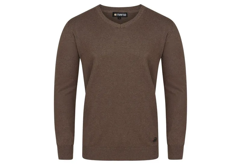 riverso Sweatshirt Herren V-Neck Pullover RIVEmil Regular Fit Organic Cotton Bio Basic Longsleeve Shirt aus 100% Baumwolle, Braun, – Produktbild 1 von 4