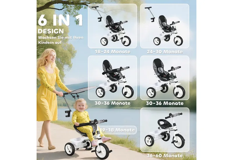 HOMCOM HOMCOM 6-in-1 Dreirad mit Schubstange, Kinderdreirad mit Sonnendach, Korb, Weiß, – Produktbild 6 von 6