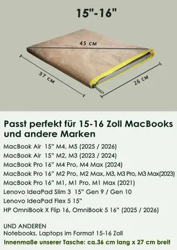 BY COPALA BY COPALA Nachhaltige Kraftpapier-Laptoptasche 15–16 Zoll | Waschbare vegane Hülle mit gelbem Zipper – Gefüttertes Laptop Sleeve für MacBook Pro/Air, Lenovo, HP : Lederoptik – Produktbild 1 von 1