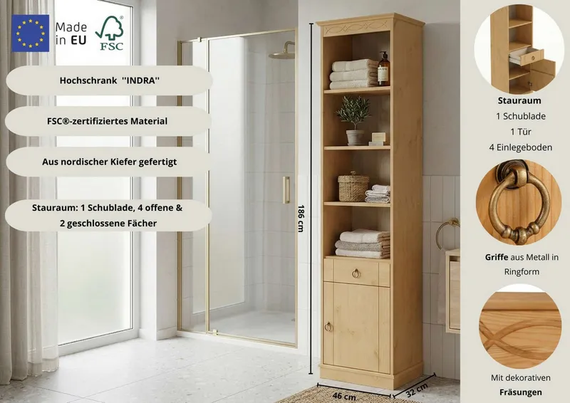 OTTO home Hochschrank Indra, Badschrank, Badmöbel, Badezimmerschrank (B/T/H: 46/32/186 cm) aus massiver Kiefer, mit Schublade, FSC®-zertifiziert, Beige, – Produktbild 1 von 4