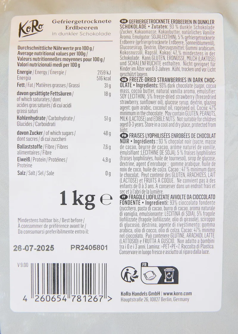 KoRo Gefriergetrocknete Erdbeeren in dunkler Schokolade 1 kg – Produktbild 5 von 5