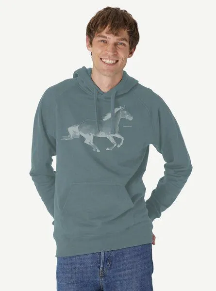 Peaces.bio - handbedruckte Biomode Peaces.bio - handbedruckte Biomode Bio-Herren-Kapuzensweater Horsepower, Blaugrün, – Produktbild 1 von 2