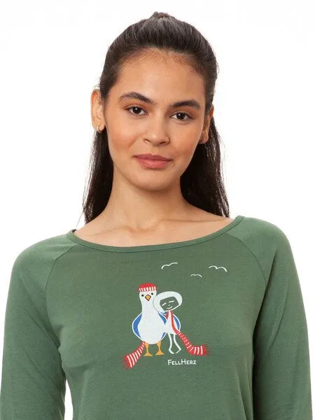 FellHerz FellHerz Damen Raglan Longsleeve Möwen-Liebe ivy green Bio Fair Vegan – Produktbild 2 von 4