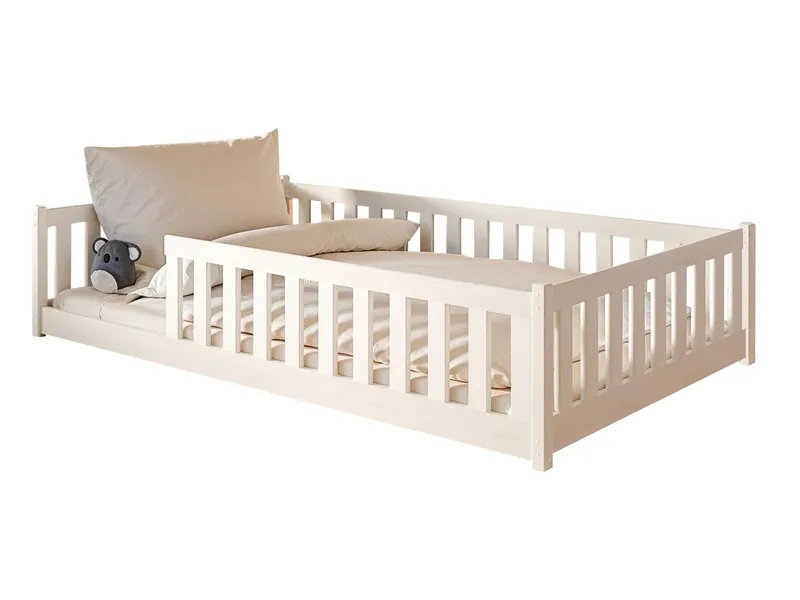 Kids Collective Kinderbett Bodenbett Bett mit Rausfallschutz & Lattenrost Montessori Bett Kinder (Jungen, Mädchen, Kinder, weitere Größen 80x160, 80x180, 90x190, 90x200, 140x200 cm), Jugendbett Gitterbett Einzelbett, Weiß Kiefer 120x200 cm, Weiß, – Produktbild 1 von 5