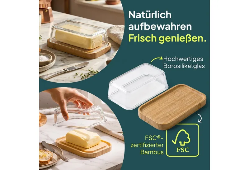 uandu home Butterdose Glas & Bambus – Borosilikat Glasdeckel, (mit FSC-zertifiziertem Bambusboden – Luftdichte Butterglocke für 250g Butter – Butterschale, Geschenkidee, Butter Box Dose, Butterbox), Beige, – Produktbild 5 von 5