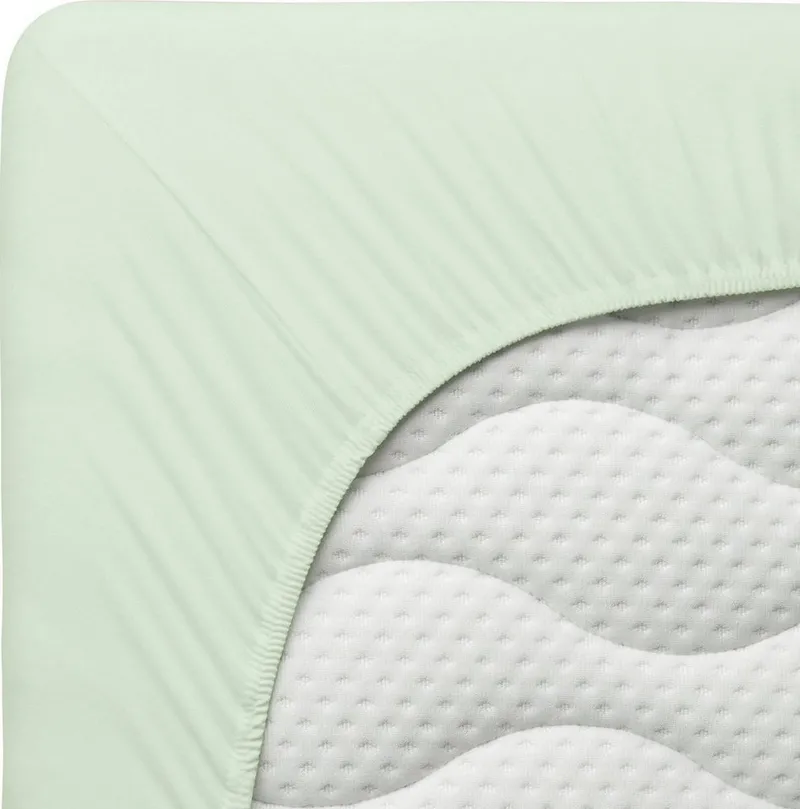 Schlafgut Schlafgut Spannbettlaken PREMIUM Mako-Zwirn-Jersey, 220 g/m², 95% Bio-Baumwolle, 5% Elasthan, Mako-Zwirn-Jersey, Gummizug: rundum, (1 Stück), Bettlaken bis 30 cm Höhe, PREMIUM-Qualität langlebig, perfekter Sitz, Grün, – Produktbild 4 von 5