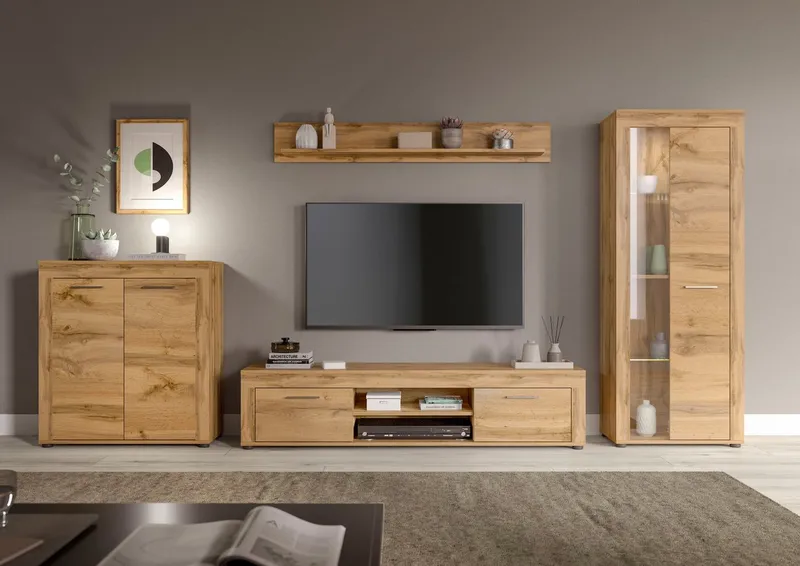 OTTO home Wohnwand AOSTA, Breite 330cm, 4-teilige Wohn-Kombination, (4-St., bestehend aus: Highboard, Lowboard, Wandboard, Vitrine), Wohnwand, Kombination, Anbauwand, Möbel Set, Schrankwand, Möbel Kombi, Braun, – Produktbild 3 von 5