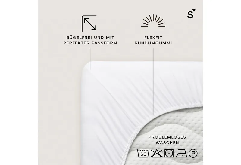 Schlafgut Schlafgut Spannbettlaken Basic Cotton Bettlaken, 160 g/m², 100% Baumwolle, Spannbetttuch, Jersey, Gummizug: rundum, (1 Stück), Spannbettlaken bis 20 cm Matratzenhöhe, bügelfrei und pflegeleicht, Weiß, – Produktbild 3 von 5