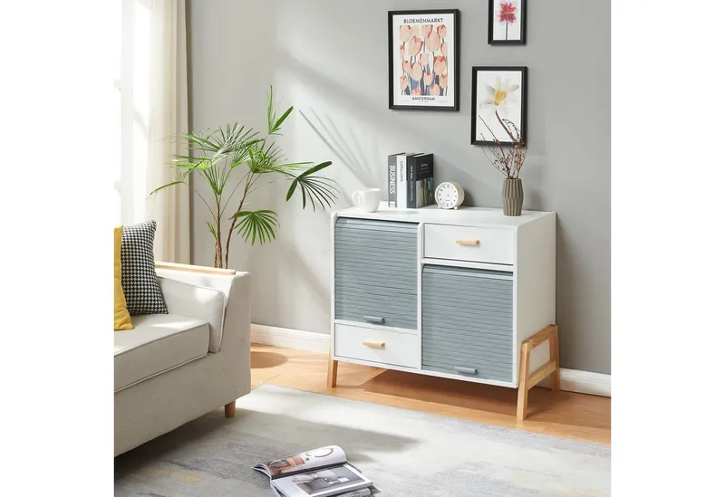 en.casa Kommode, Sideboard »Kvaefjord« 72x80x40 cm mit zwei Jalousietüren Weiß/Grau, Weiß, – Produktbild 2 von 4