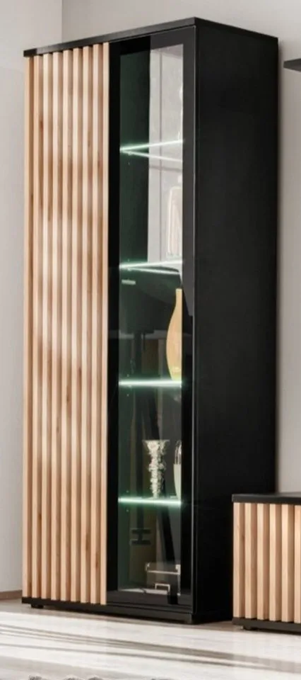 Furn.Design Stauraumvitrine Morgan (Vitrinenschrank Schwarz mit Eiche Lamellen, 80 x 192 cm, 10 Fächer) mit Push-to-Open, inklusive LED Beleuchtung, Schwarz, – Produktbild 2 von 5