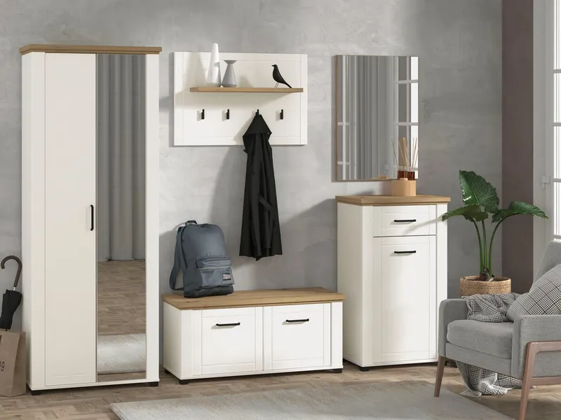 Home affaire Garderoben-Set Valencia 5-teiliges Set mit Spiegel und Kleiderhaken, (Set, 5-St., Garderobenschrank, Schuhkommode, Schuhbank, Garderobenpaneel, Spiegel), Weiß, – Produktbild 2 von 4