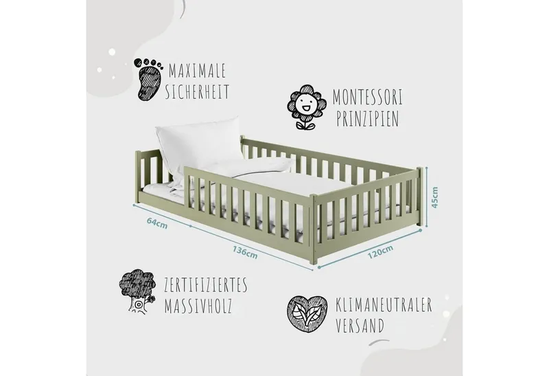 Kids Collective Kinderbett Bodenbett Bett mit Rausfallschutz & Lattenrost Montessori Bett Kinder (Jungen, Mädchen, Kinder, weitere Größen 80x160, 80x180, 90x190, 90x200, 140x200 cm), Jugendbett Gitterbett Einzelbett, Olivgrün Kiefer 120x200 cm, Grün, – Produktbild 4 von 5