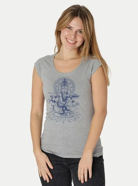 Peaces.bio - handbedruckte Biomode Peaces.bio - handbedruckte Biomode Bio-Damen-Roundneck-Shirt "Ganesha", Hellgrau, – Produktbild 2 von 2