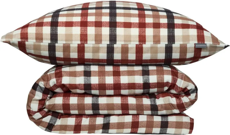 Schiesser Schiesser Bettwäsche James aus weichem Baumwoll-Feinbiber mit traditionellen Karos, Feinbiber, 2 teilig, OEKO-TEX® MADE IN GREEN, Blau|braun, – Produktbild 2 von 5
