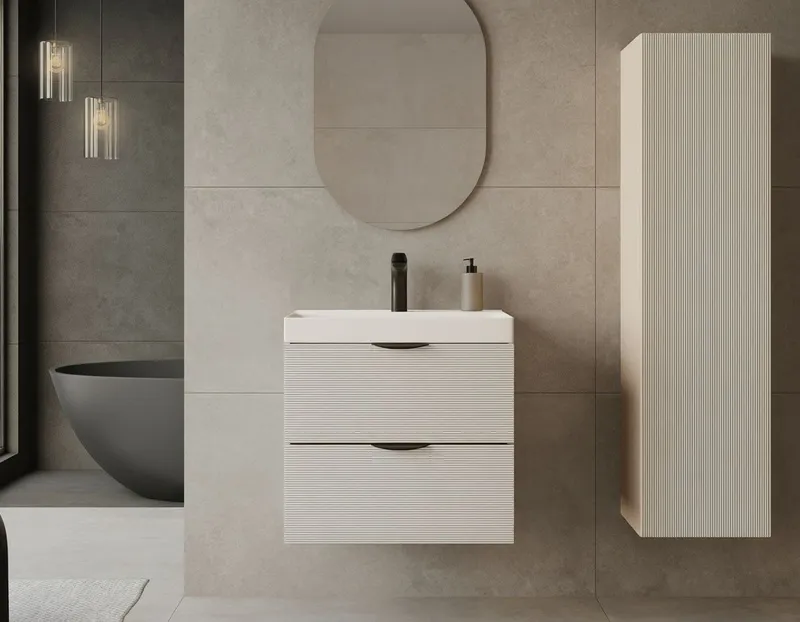 welltime Waschtisch FLOW STRIPE mit Waschbecken, Breite 60 oder 80cm, modernes Design, Schrank mit 2 Schubladen, Soft-Close-Function, in 2 Breiten erhältlich, Beige, – Produktbild 3 von 8
