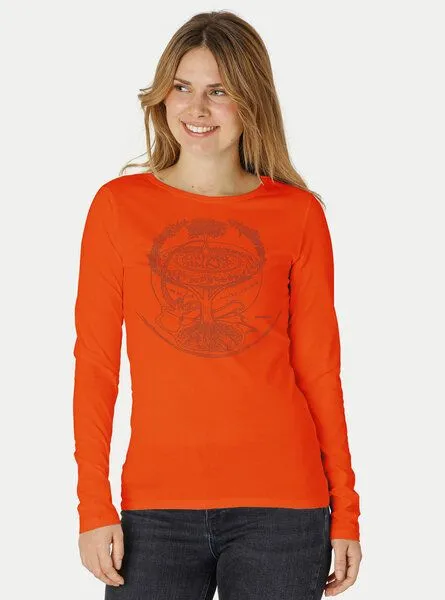 Peaces.bio - handbedruckte Biomode Peaces.bio - handbedruckte Biomode Bio-Damen-Langarmshirt "Weltenesche", Orange, – Produktbild 2 von 3