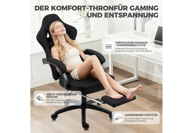 Dowinx Gaming-Stuhl Stoff mit Taschenfederkissen, Gaming Sessel mit Fußstütze, Ergonomischer Bürostuhl, Schwarz, – Produktbild 5 von 5
