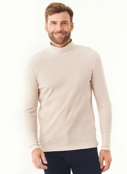 ORGANICATION ORGANICATION Geripptes Langarmshirt aus Bio-Baumwolle mit Rollkragen, Stone, – Produktbild 1 von 3