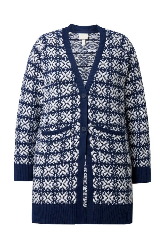 Ulla Popken Strickjacke Strickjacke Schneeflocken V-Ausschnitt, Blau|grün, – Produktbild 3 von 4