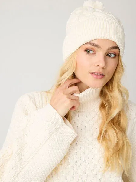 KnowledgeCotton Apparel KnowledgeCotton Apparel Strickmütze mit Zopfmuster und Bommel aus Bio-Baumwolle, Weiß-egret, – Produktbild 1 von 2