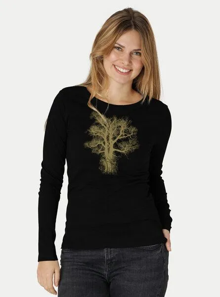 Peaces.bio - handbedruckte Biomode Peaces.bio - handbedruckte Biomode Bio-Damen-Langarmshirt Chestnut, Schwarz, – Produktbild 3 von 3