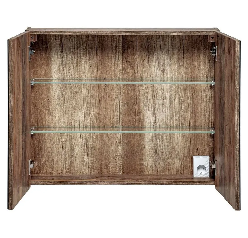 Lomadox Spiegelschrank PUEBLA-56 80 cm mit LED-Beluchtung in Vintage Eiche 2-türig, Braun, – Produktbild 4 von 5